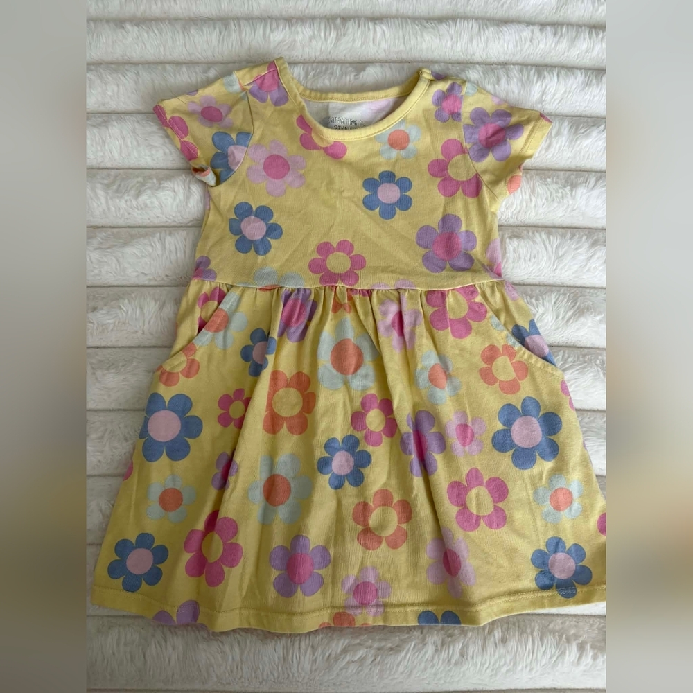 Yellow Floral Kids Dress with Pink, Blue & Orange Flowers